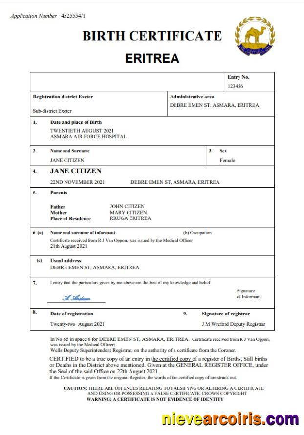 Eritrea vital record birth certificate